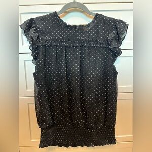 1 State Women’s Black White Polka Dot Sleevess Blouse Size L Ruffle
